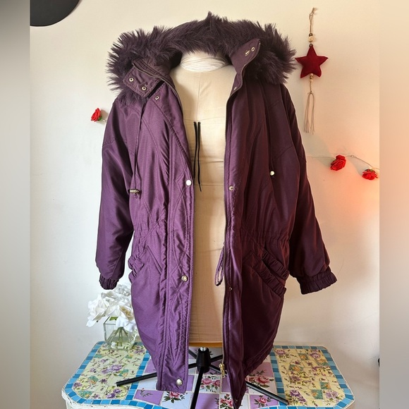 Vintage Women's Sequence Purple Faux Fur Hooded Jacket Coat L XL - Picture 7 of 9